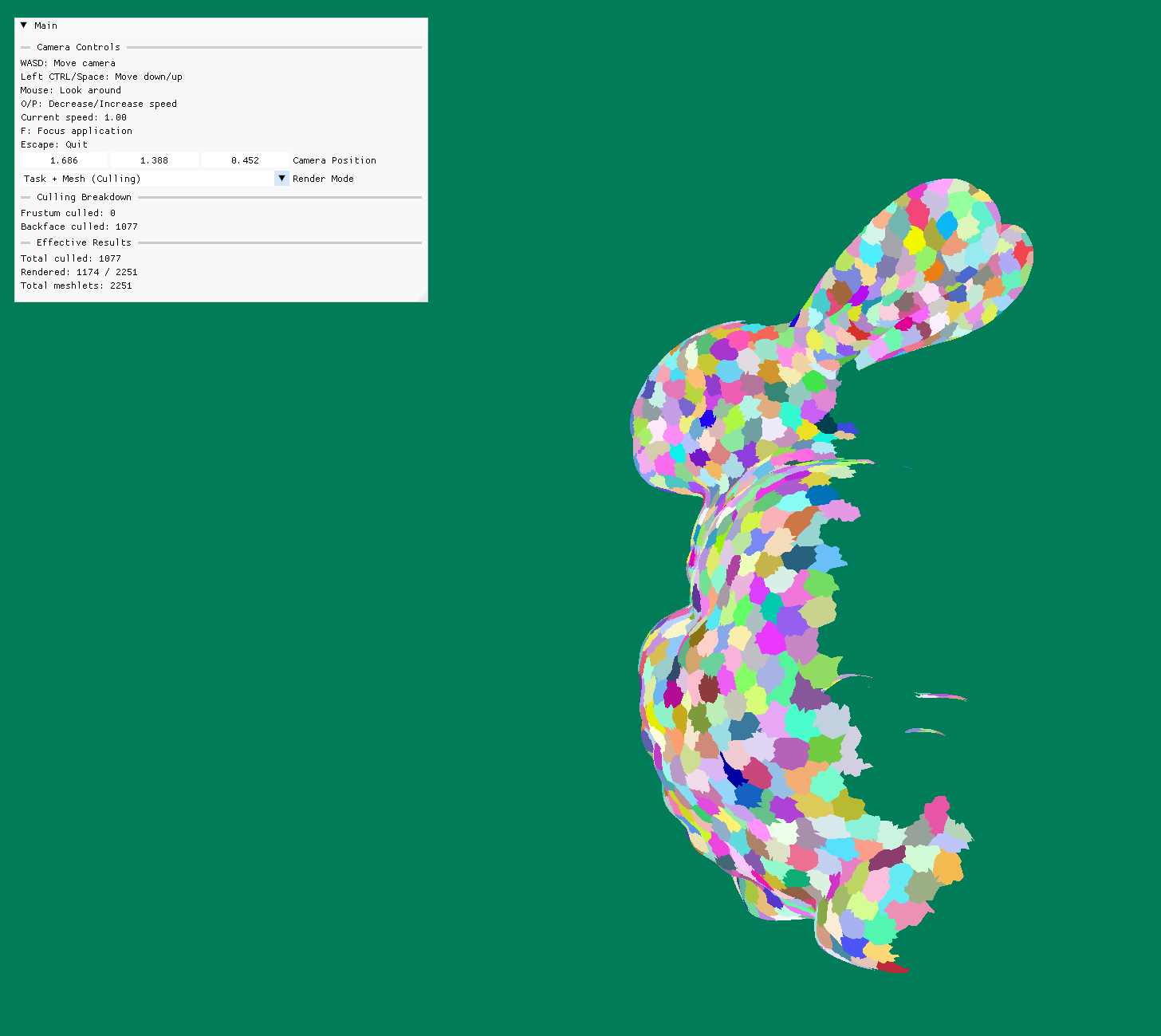 Culling from profile view - missing meshlets on the back side show backface culling in action